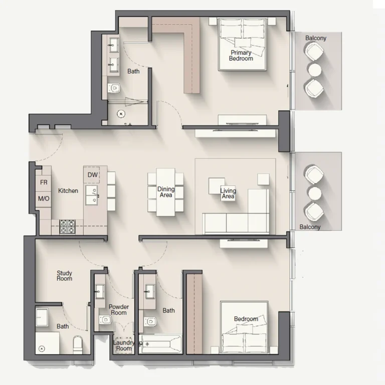 2 bedroom + Study Apartment - Floor 1